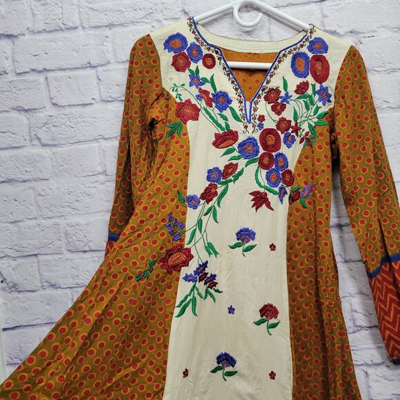 Vintage Handmade Peasant Dress Size S Embroidered Boho Floral Cottage Flare Midi - Picture 5 of 9